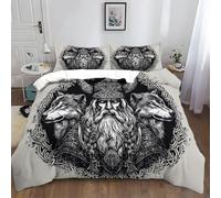 Totem Viking Motif Loup Housse de Couette 220x240 cm Gris Parure de Lit 2 Personnes Set de Housse de Couette Polyester Coton avec Fermeture Éclair et 2 Taie d'oreiller 65x65cm