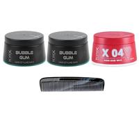 TOTEX Hair Styling Wax Lot de 3 pots de cire coiffante 150 ml I Plus peigne de poche marbré I Trouvez votre look I (3 pièces fruitées, 2 Bubble Gum 1 Aqua Wax Red)