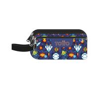 TOTTO - Trousse scolaire 3 compartiments, modèle Agapec, grande trousse, dimensions 23 x 11,5 x 10,5 cm, poignée latérale, poignées ergonomiques en PVC, tissu résistant, imprimé Space Blue, Bleu