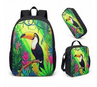 Toucan Bird Sac à dos pour enfant 3 pièces Motif fleurs tropicales Jungle Sac d'école avec boîte à déjeuner et trousse à crayons 43,2 cm (03)