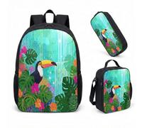 Toucan Bird Sac à dos pour enfant 3 pièces Motif fleurs tropicales Jungle Sac d'école avec boîte à déjeuner et trousse à crayons 43,2 cm (04)