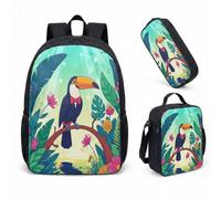 Toucan Bird Sac à dos pour enfant 3 pièces Motif fleurs tropicales Jungle Sac d'école avec boîte à déjeuner et trousse à crayons 43,2 cm (01)