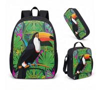 Toucan Bird Sac à dos pour enfant 3 pièces Motif fleurs tropicales Jungle Sac d'école avec boîte à déjeuner et trousse à crayons 43,2 cm (07)
