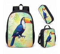 Toucan Bird Sac à dos pour enfant 3 pièces Motif fleurs tropicales Jungle Sac d'école avec boîte à déjeuner et trousse à crayons 43,2 cm (05)
