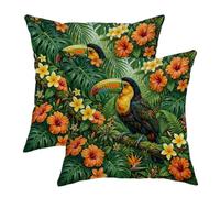 Toucan Lot de 2 housses de coussin d'extérieur, housse de coussin d'extérieur en polyester résistant à l'eau pour banc extérieur, porche, mobilier de jardin, 35,6 x 35,6 cm, vert hibiscus tropical