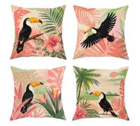 Toucan Lot de 4 housses de coussin carrées avec fermeture éclair dissimulée pour maison, salon, chambre à coucher, dortoir, canapé, 40,6 x 40,6 cm, motif feuilles de palmier tropicales, pêche d'été