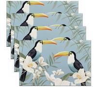 Toucan Tapis de Table 45x30 Lot de 4,Fleur de Plante de Table Sets de Table,Jungle Tropicale Imperméable Tapis de Table,Magnifique Fleur Résistant Aux Rayures Tapis de Table,Bleu Blanc Noir