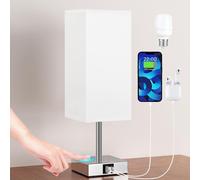 Touch Bedside Lamp With Charging Ports, Type-C+Usb-A, Dimmable 3 Ways, Tc Fabric Lampshade White Metal Base, Table Lamp For Living Room, Bedroom, Hotel (Bulb Included)