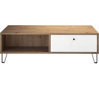 Touch Table basse 2 tiroirs, 2 espaces ouverts, finition chêne, blanc mat.