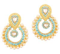 Touchstone Chandbali moon Kundan Polki fausses perles et faux rhin turquoise bleu turquoise longues boucles d'oreilles créateur bijoux lustre boucles d'oreilles pour femme Turquoise