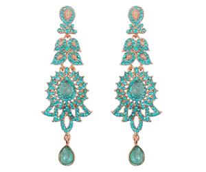 Touchstone "Hollywood Glamour" Boucles d'oreilles chandelier extra longues motif cachemire indien filigrane turquoise bleu strass bijoux de mariée de créateur dans ton or antique pour femme.