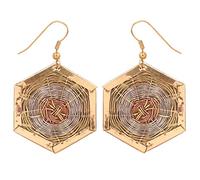 Touchstone Indian Bollywood Fashion Artisanal Basket Weave Concentric Wire Designer Jewelry Boucles d'oreilles de forme géométrique dans des tons de cuivre triple or argent pour les femmes.