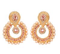 Touchstone indien Bollywood Chandbali Moon Kundan polki fausses perles et saphir rose clair strass longues boucles d'oreilles de lustre de bijoux de créateur de mariée pour les femmes en ton or