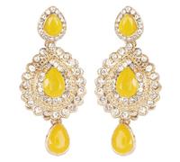 Touchstone indien Bollywood Desire fabriqué à la main contemporain aspect diamant strass blanc imitation agate jaune bijoux de créateur boucles d'oreilles lustre en ton or antique pour femme.
