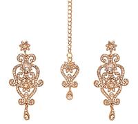 Touchstone Indien Bollywood Traditionnel Clouté Diamant Look Filigrane Floral Strass Designer Bijoux Lustre Boucles D'oreilles Mangtika Tête Accessoire Combo Dans Ton Or Antique Pour Les Femmes.