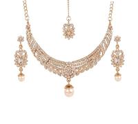 Touchstone Indien Bollywood Traditionnel Filigrane Blanc Strass Faux Perles Designer Bijoux Collier Ensemble En Ton Or Pour Les Femmes.
