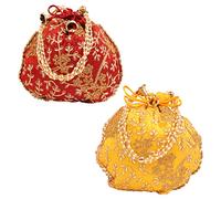 Touchstone Lot de 2 sacs traditionnels indiens brodés à la main avec motif floral - Cadeau de mariage - Perles synthétiques - Cordon de serrage - Couleur jaune bordeaux - Pour femme.