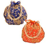Touchstone Lot de 2 sacs traditionnels indiens brodés à la main avec motif floral - Cadeau de mariage - Perles synthétiques - Cordon de serrage - Bleu et orange - Pour femme.