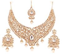 Touchstone NEW Indian Bollywood Charming Studded Diamond Look Filigree Yellow Rhinestones Faux Pearls Hangings Bridal Designer Jewelry Hasli Necklace Set In Antique Gold Tone For Women.