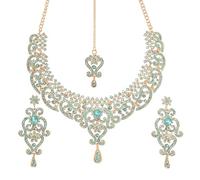 Touchstone NEW Indian Bollywood Fine Filigree Studded Look Aqua Blue Sparkling Rhinestone Grand Bridal Jewelry Necklace Set In Gold Tone For Women.