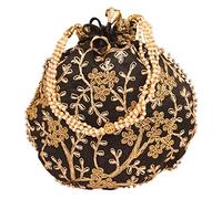 Touchstone NOUVEAU Traditionnel Indien Brodé à la Main Floral Faux Perles Cordes Cordes Cadeaux Shopping Bijoux Mariage Distribution de Bonbons Cordon Fantaisie Noir Sac à Main Pochette pour Femme