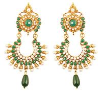 Touchstone Riches bijoux inspirés de boucles d'oreilles de mariage jhumki d'aspect large et long, au look magique, parsemés de fausses perles et de fausses émeraudes pour femme Vert