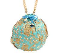 Touchstone Sac fantaisie indien traditionnel brodé à la main avec motif floral - Perles synthétiques - Cordon de serrage - Vert sarcelle - Pour femme.