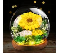 Touloube Cadeaux pour Femmes - Cadeau de Fête des Mères,Fleur Eternelle sous Cloche avec LED Pine Base et Carte de Voeux, Naturelle Tournesols Cadeau pour Femme Maman Mère Grand-mère, Merci Cadeaux