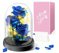 Touloube Rose Eternelle sous Cloche - 3 Rose de Soie Bleu, Rose Dôme en Verre Fleur Artificielle avec LED Lumières, Cadeau pour Elle,Petite Amie,Femme,Maman
