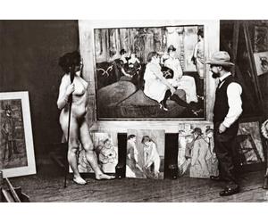 Toulouse-Lautrec et modèle nu dans son atelier debout devant son tableau de 1893 Au Salon de la rue des Moulins Henri Marie Raymond Toulouse-Lautrec alias Henri de Toulouse-Lautrec 1864-1901. Artiste