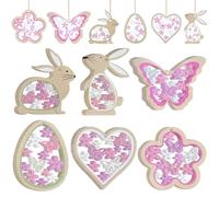Touosy 24 Pièces Décorations de Pâques en Bois à Suspendre, Trou avec Ornements en Bois de Pâques, Bricolage Artisanat Papillons et Fleurs Suspendus pour Salon Chambre Murs (Rose)