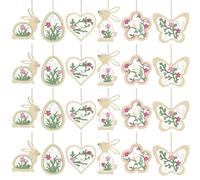 Touosy 24 Pièces Décorations de Pâques en Bois à Suspendre, Trou avec Ornements en Bois de Pâques, Bricolage Artisanat Papillons et Fleurs Suspendus pour Salon Chambre Murs (Vert)