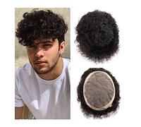 Toupet Cheveux Afro bouclés toupet mâle système de cheveux humains unités fines mono et NPU peau mince hommes toupet indien Remy cheveux 6 "eau bouclés hommes postiche Perruque pour Homme(Water Wave H