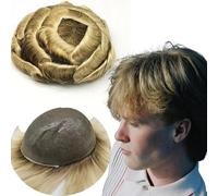 Toupet Cheveux Toupet de vrais cheveux humains européens 100% for hommes, 8x10 pièces ondulées, postiche de remplacement, système de peau PU Perruque pour Homme(T4 613)