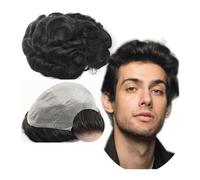 Toupet Cheveux Toupet de vrais cheveux humains européens 100% for hommes, 8x10 pièces ondulées, postiche de remplacement, système de peau PU Perruque pour Homme(Jet Black)