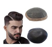 Toupet for hommes, dessus mono fin et revêtement poly autour du postiche for, système de cheveux humains 6 pouces, prothèse capillaire masculine 1B#, unités noirs naturels Quotidienne(6x9)