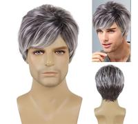 Toupet Homme Perruque de Cosplay synthétique naturelle résistante à la chaleur for homme, perruque courte bouclée noire mélangée de cheveux gris for homme, perruque cadeau for père Système Remplacemen