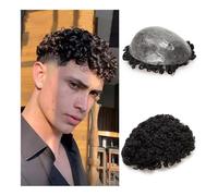 Toupet Homme Postiche Afro Curly 0,12-0,14 mm avec injection de peau fine en PU avec festonné sur le devant for homme, système de remplacement de cheveux humains bouclés de 15 mm Système Remplacement