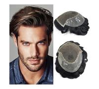 Toupet pour hommes Perruques for hommes, prothèse ondulée, dentelle suisse et Base en Pu, système de remplacement de cheveux, nœuds blanchis, postiche, 6 pouces Perruques(Off Black,6x8)