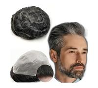 Toupet pour hommes Toupet de vrais cheveux humains européens 100% for hommes, 8x10 pièces ondulées, postiche de remplacement, système de peau PU Postiche pour hommes(Black add grey)