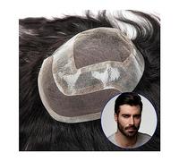 Toupet pour hommes Toupet for hommes fine dentelle française avec PU autour des hommes respirant prothèse de cheveux masculins densité 120% système de remplacement de cheveux humains réels(#1B) Toupet