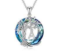 TOUPOP Collier arbre de vie en argent sterling avec pendentif en forme d'arbre de vie avec initiale en cristal bleu - Cadeau d'anniversaire pour femme et fille, s, Argent sterling, Cristal
