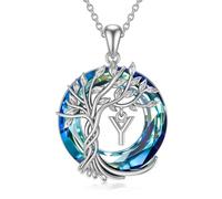 TOUPOP Collier arbre de vie en argent sterling avec pendentif en forme d'arbre de vie avec initiale en cristal bleu - Cadeau d'anniversaire pour femme et fille, s, Argent sterling, Cristal