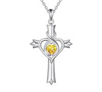 TOUPOP Collier en forme de croix avec pierre de naissance pour femme - Pendentif en forme de croix en forme de cœur avec pierre de naissance - Argent 925 - Cadeau de Noël pour les femmes et leur femme