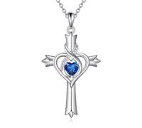 TOUPOP Collier en forme de croix avec pierre de naissance pour femme - Pendentif en forme de croix en forme de cœur avec pierre de naissance - Argent 925 - Cadeau de Noël pour les femmes et leur femme