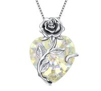 TOUPOP Colliers pour femme en argent sterling 925 avec pendentif en forme de cœur et rose avec pierre de naissance, cadeau d'anniversaire pour femmes et filles, taille unique, Argent sterling, Cristal