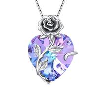 TOUPOP Colliers pour femme en argent sterling 925 avec pendentif en forme de cœur et rose avec pierre de naissance, cadeau d'anniversaire pour femmes et filles, taille unique, Argent sterling, Cristal