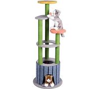 Tour à chat spacieuse - Arbre à chat épais avec griffoir et jouets amusants, niche pour sauter, protection de meubles, design lumineux et audacieux pour chats heureux