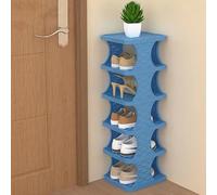 Tour à chaussures verticale pliable - Étagère à chaussures pliable à 2 couches, rangement en plastique peu encombrant pour les petits espaces, étagère d'angle étroite multicouche, bleu