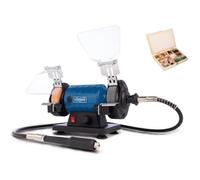 Scheppach Touret à Meuler double HG35 | 120W | Avec arbre flexible | Meule K120 et Disque à Polir K400 Ø75 mm | Pare-étincelles & Support de pièce | Coffret de 103 accessoires inclus